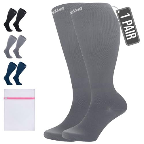360 Relief Compressiesokken Dammes en Herren - Plus Maat Effen Kleuren Compressiekousen voor Sport, Hardlopen, Vliegen, Reizen, Joggen, Fietsen, Werk - Grijs 4XL Kniehoge sokken met Waszakje