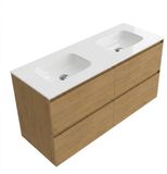 Saniclass Holz Pure meuble de salle de bain - 120x45x61.5cm - lavabo Flow solid surface blanc - 2 vasques - sans trous de robinetterie - 4 tiroirs - chêne mat naturel