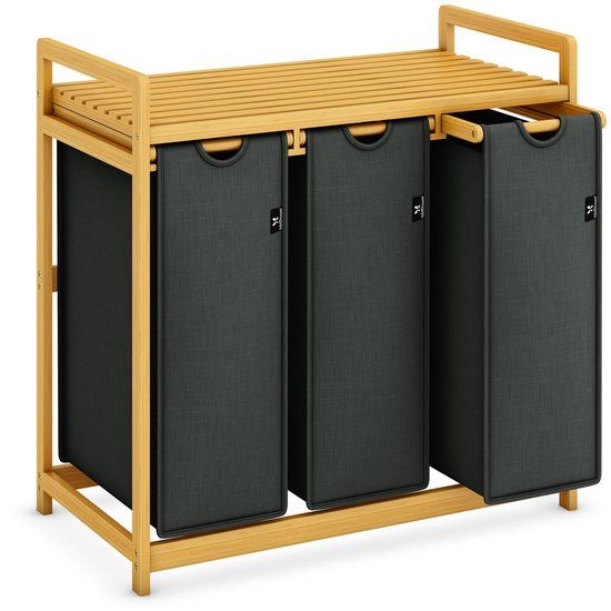 ADEL DREAM Wasmand met bamboeframe 150L 3 vakken grijs