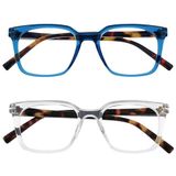 OPULIZE KOI Leesbrillen 2-Pack - Groot Rechthoekig Montuur - Blauw-Helder - Heren Dames - Veerscharnieren - RR50-3C - +3.00