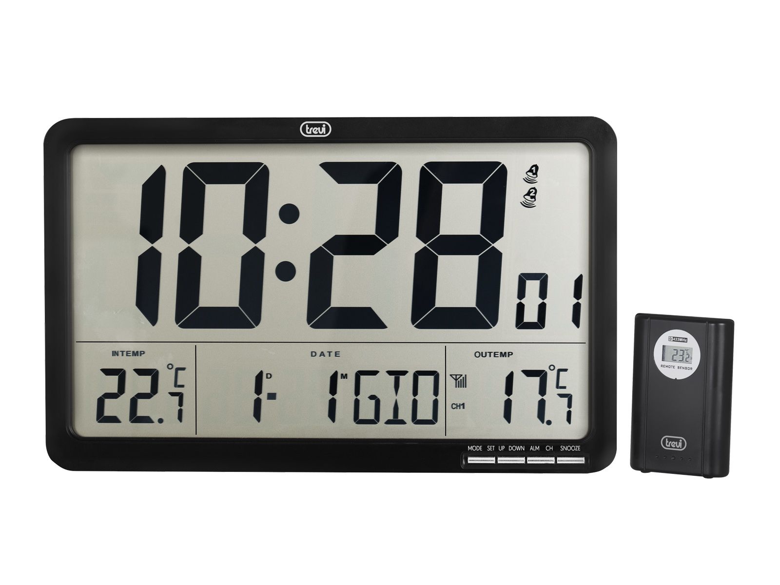 Trevi OM 3560 RC - Digitale Wandklok met Externe Sensor, Thermometer, Wekker - Zwart