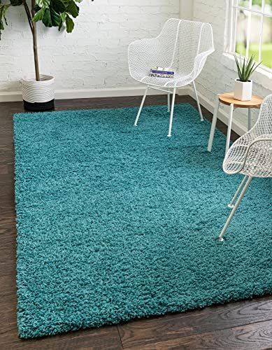Unique Loom Solo Solid Shag Collection Modern Pluche Hoogpolig Tapijt - Aqua Blauw - 152 x 244 cm