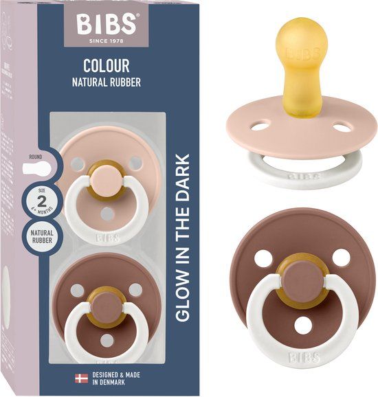 BIBS Colour Glow Speen verpakking van 2 stuks. BPA-vrij, Ronde speen. Natuurlijk rubberlatex, Gemaakt in Denemarken, Maat 2 (6-18 maanden), Blush Glow / Woodchuck Glow
