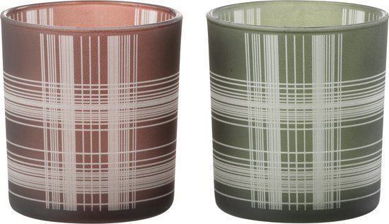 J-Line windlicht Geruit - glas - bruin/groen - small - 2 stuks