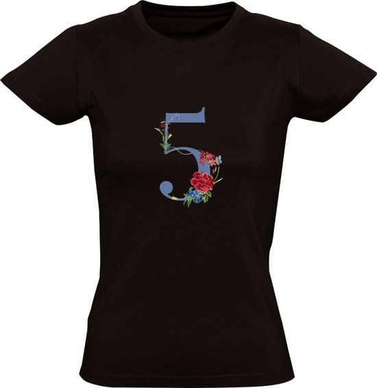 Getal 5 met rozen Dames T-shirt Zwart 2XL - Katoen