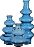 Mica Decorations Bloemenvaas Sira - 3x - transparant glas - blauw - 3 maten - vaas - sierlijk model