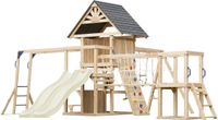 AXI Hunter Speeltoestel met Schommels, Klimrek, Klimbrug en meerdere Platforms – Crème Dubbele Glijbaan - FSC 100% hout – Speeltoren voor de tuin / buiten