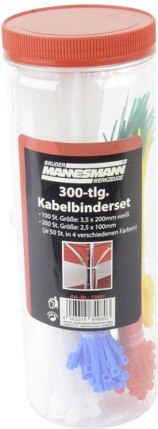 Brüder Mannesmann M13051 Kabelbinder 100 mm, 200 mm Wit, Rood, Groen, Geel, Blauw 300 stuk(s)
