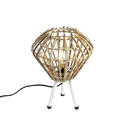 QAZQA - Landelijke tafellamp tripod bamboe met wit - Canna Diamond | Woonkamer | Slaapkamer | Keuken - Bamboe Rond - E27 Geschikt voor LED - Max. 1 x 40 Watt