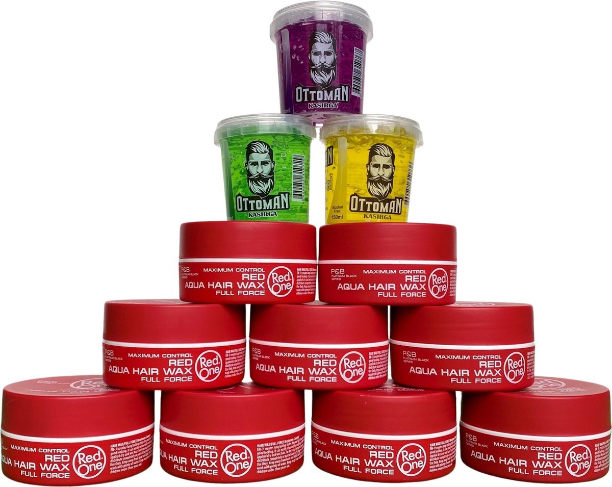 RedOne 9-pack Voordeelbundel Aqua Hair Wax Red Watermeloen 150ml + 3 stuks Topkwaliteit Ottoman Ultra Strong Hair Gel 150ml - RedOne - Extra voordelig - Haargel - Haarwax - Sterke Hold - Kapperskwaliteit