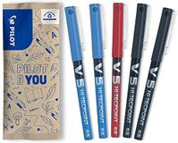 PILOT - Set van 4 V5 - Vloeibare inktroller met fijne punt voor vloeiend en precies schrijven - Sneldrogend, lekt niet - 2 zwarte, 2 blauwe, rood - Fijne punt (0,5 mm)