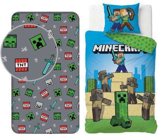 4kidsonly.eu Minecraft Dekbedovertrek + Hoeslaken Eenpersoons 140x200 cm Polyester
