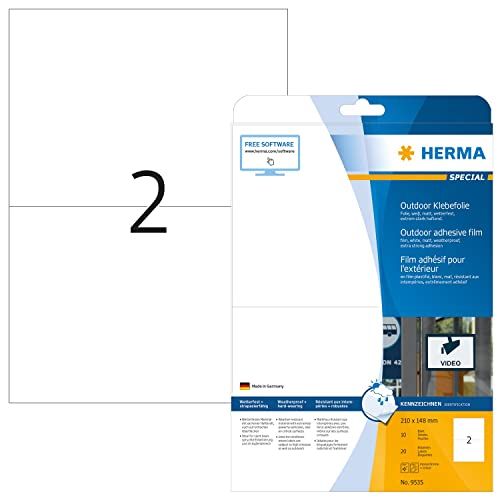 HERMA 9535 weerbest outdoor folielabels A4 (210 x 148 mm, 10 velles, polyethyleen, mat) zelfklevend, bedrukbaar, extreme sterk klevende etiketten, 20 etiketten voor printer, wit