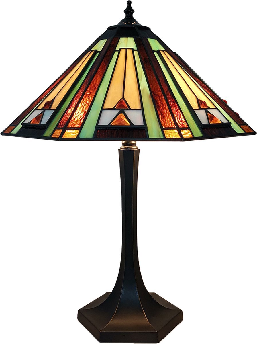 Lumilamp Tiffany Tafellamp Ø 41*54 cm Groen, Bruin, Beige Glas, Zink Tiffany Bureaulamp Tiffany Lampen