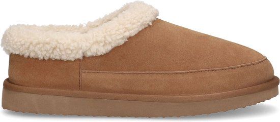 Manfield Heren Cognac suède pantoffels met imitatie wol - Maat 45