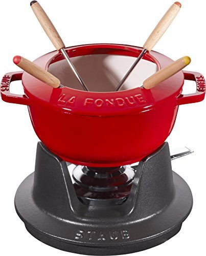 Staub Fondue Set mit 4 Gabeln, Geeignet für Käse-, Schoko- und Fleisch-Fondue, Gusseisen, Kirschrot, 16 cm