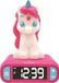 Réveil numérique avec veilleuse, design 3D licorne, effets lumineux et sonores, fonction snooze, écran LCD, blanc et rose