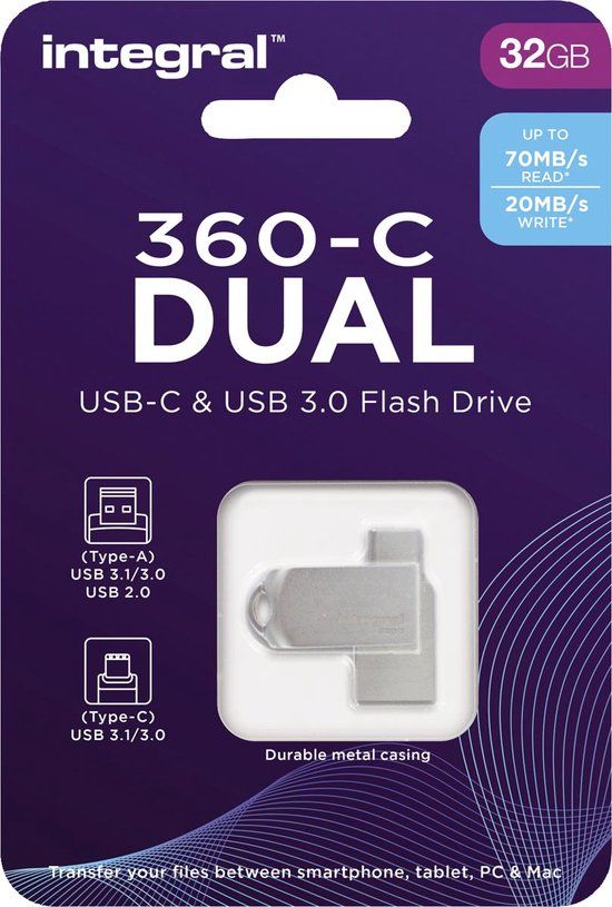 Integral 32GB 360-C Dual USB-C & USB 3.0 USB Flash Drive - Silver