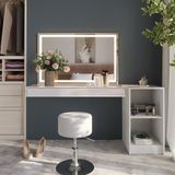 Vicco Dressing table set with stool Sherry, White, 160.2 cm with LED mirror, stool and open shelf