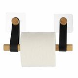 Tendance Toiletrolhouder wand/muur - zelfklevend - zwart - bamboe/kunstleer - zonder boren