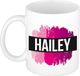 Bellatio Decorations Hailey naam cadeau koffie mok - beker - met roze verfstrepen - 300 ml - wit