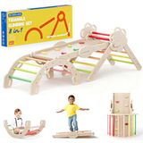 COSYLAND Montessori 8-in-1 klimdriehoek, opvouwbare houten boog voor kinderen van 1 tot 6 jaar, in hoogte verstelbare motorbaan, belasting 80 kg, kleurrijke geschenkdoos, natuur/warme tinten