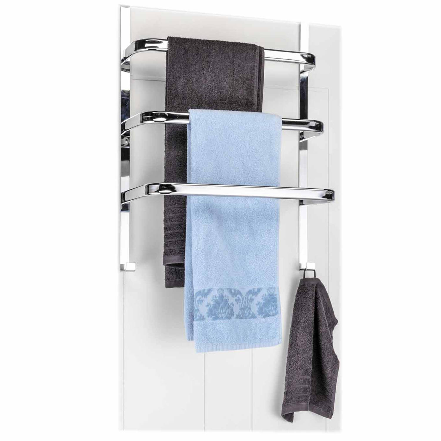 - Verchroomde handdoek deur rek met 3 stangen - 56 cm - Handdoeken/badlakens rekken - Handdoek droogrek van metaal
