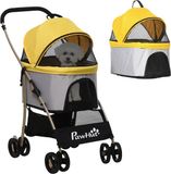 PawHut Hundewagen, 2 in 1 Hundetrolley, Tragetasche, faltbarer Hundebuggy mit Kissen, Katzenwagen für kleine Hunde, Katzen, Katzenbuggy mit 4 Rädern, Netzfenster, Oxfordstoff, Gelb