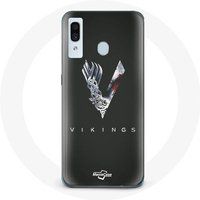 Maniacase Hoesje voor Samsung Galaxy A20e Vikingserie Seizoen 6 logo V Zwaard Grijs Zwarte Achtergrond
