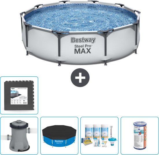 Bestway Steel Pro MAX Zwembad - 305 x 76 cm - Grijs - Rond - Inclusief Pomp, Afdekzeil, Onderhoudspakket, Filter & Vloertegels
