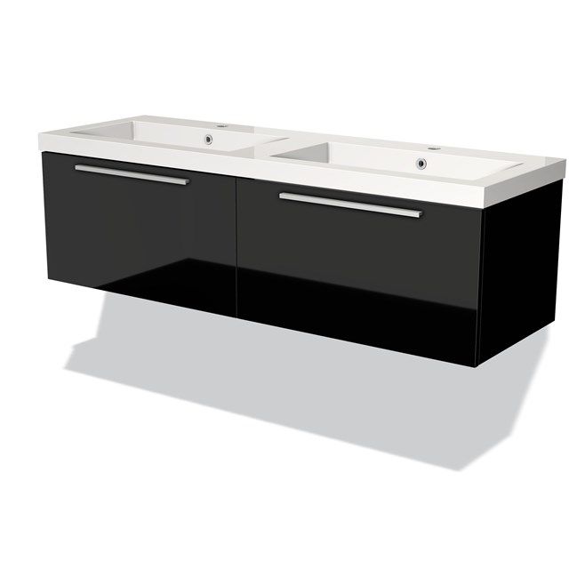 Maxaro Badkamermeubel 140cm Modulo Hoogglans Zwart 2 Lades Vlak Wastafel Mineraalmarmer