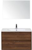 BES LED Porto Badmeubelset 90 cm - Walnoot - Keramische Wastafel Wit Slim met Spiegel