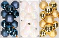 Merkloos / Sans marque Kaemingk B.V. 36x stuks kunststof kerstballen mix van donkerblauw, parelmoer wit en goud 6 cm