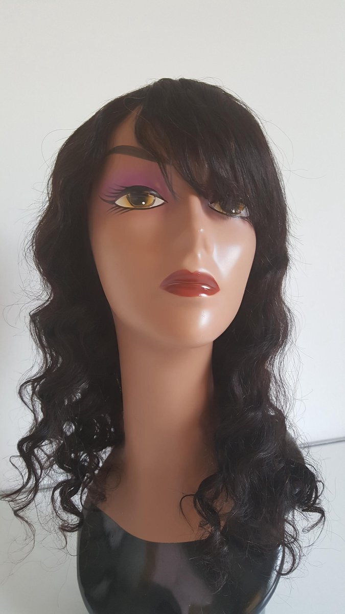 Frazimashop Braziliaanse Remy pruik 18 inch - donkerbruine diepe golf haren met pony - Braziliaanse pruik - echt menselijke haren - real human hair - met kleine ("baby") haartjes op voorhoofd - none lace pruik