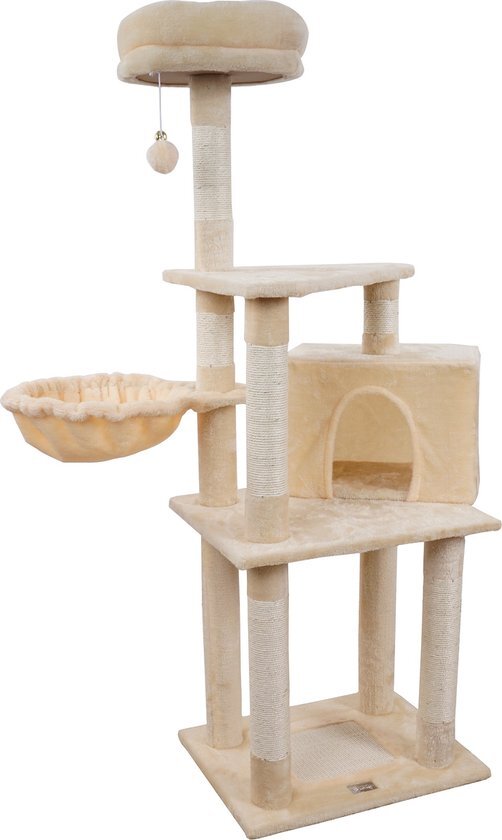 Beyoliving Kattenkrabpaal-Krabpaal -Katten Krabpaal-Kattenhuis-Kattenhuis met sisal beklede -krabpalen -Pluche woontoren -accommodatie Hangmat Krabpaal -activiteitencentrum- Zitstokken -Platform -Bungelende -ballen voor kittens -127cm hoog-Beige beige