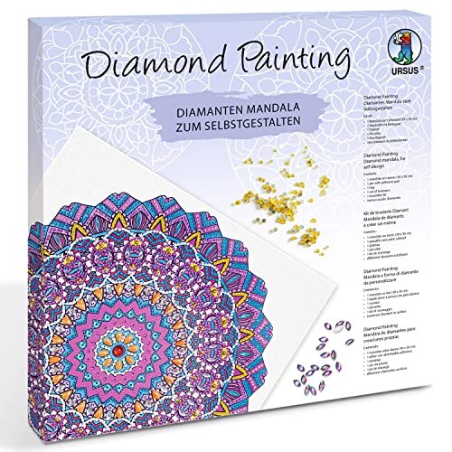 Ursus 43520008F - Diamond Painting Mandala Set 8, handwerkset met doek en stenen in paarse, roze en blauwe tinten