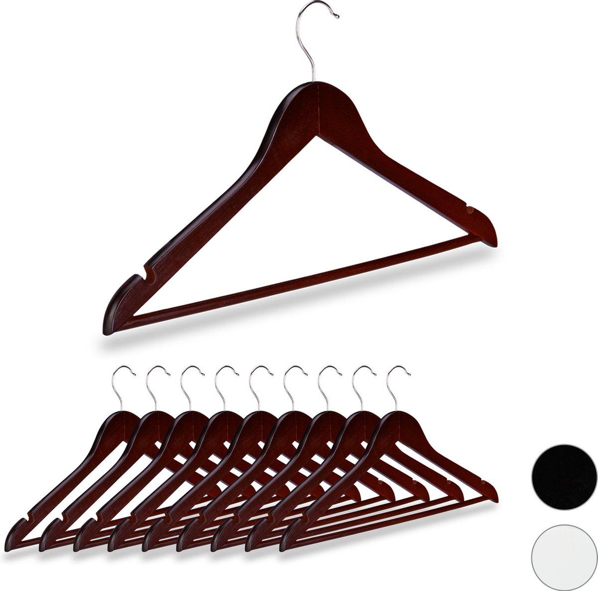 Relaxdays Kledinghangers Hout - Set van 10 - Broeklat - Bruin/Zilver