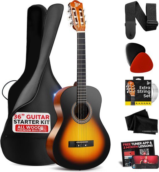 Pyle Akoestische Gitaarset, 4/4 Junior Maat, Houten Instrument met Volledig Accessoirepakket, 39" - Sunburst
