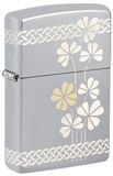 Zippo Stormaansteker, Clover, hoogglans gepolijst chroom, laser 360°, tweekleurige lasergravure, hervulbaar, herbruikbaar, windbestendig design, geschenkdoos, gemaakt in de VS