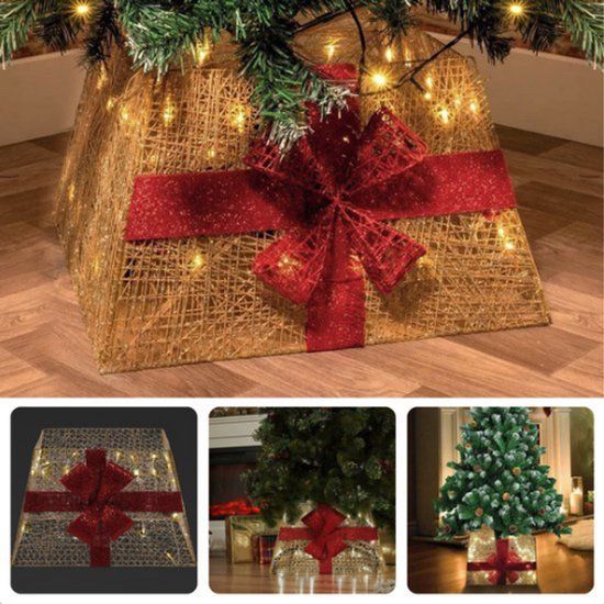 Grundig Kerstboomrok Cadeau - Kerstboommand met Kerstverlichting - 40x LED Lampjes - Kerstboomhuls Opvouwbaar - Kerstboom Standaard 45 x 45 x 27,5 cm - Kerstboomvoet - Rood