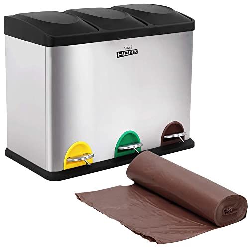 Wellhome Eco-emmer, 45 l, 3 vakken met 20 zakken, 20 liter, afval/recyclingemmer, staal, verchroomd