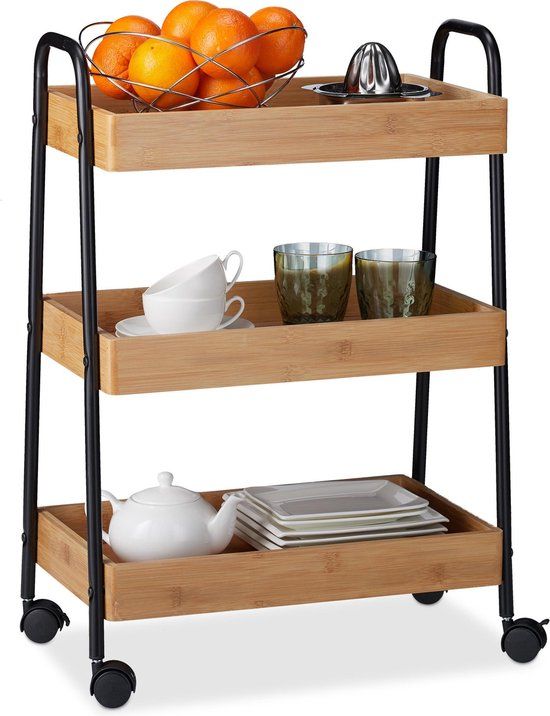 Relaxdays Keukentrolley Bamboe - 3 Laags - Zwart/Lichtbruin