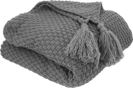 QUVIO Plaid met kwastjes - Katoen - Grijs - 130 x 170 cm