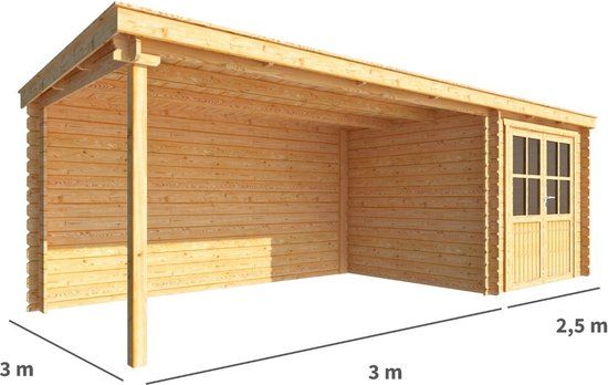 Merkloos Blokhut met overkapping Els 550 cm bij 300 cm diep Lessenaarsdak bruin