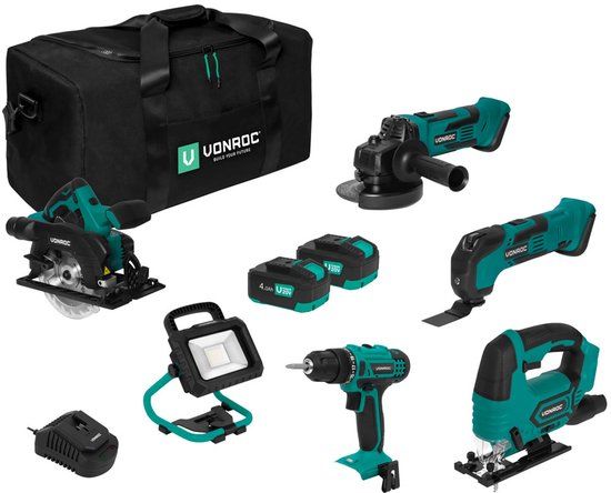 VONROC Gereedschapsset VPower 20V – Accuboormachine, Decoupeerzaag, Oscillerende Multitool, Haakse Slijper, Cirkelzaag, LED-Werkverlichting, 2x 4.0Ah accu en Snellader