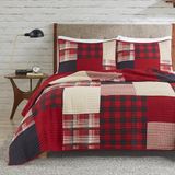 Woolrich Sunset Reversible Quilt Set - Cottage Styling Reversed to Solid Color, All Season Lightweight Coverlet, Cozy Bedding Layer, Matching Shams, Oversized Full/Queen, Plaid Red 3 Piece