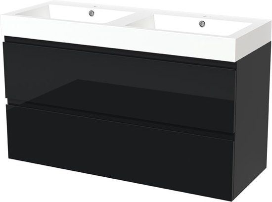 Maxaro Badkamermeubel 120cm Modulo Hoogglans Zwart 2 lades Greeploos Mineraalmarmer