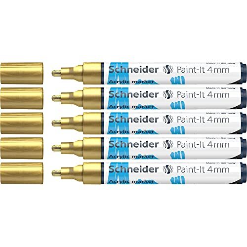 Schneider Paint-It Acrylstiften (met 4 mm ronde punt, hoogdekkende acrylverf voor hout, canvas, steen en nog veel meer.) 5-pack, goud