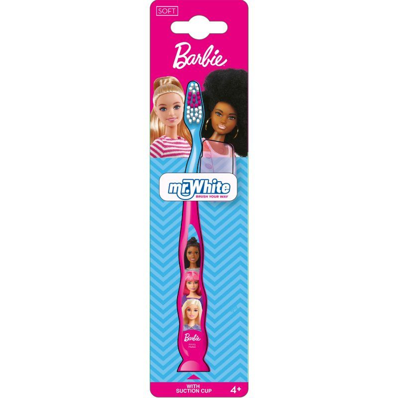 Barbie Mr.White Barbie tandenborstel met beschermkap, zuignap, comfortabele handgreep en zachte borstelharen voor kinderen