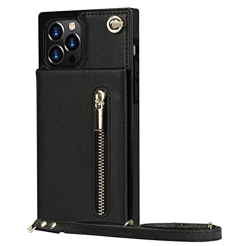 Oynyiqi Crossbody Ritsvak Kaarthouder Vierkante Case voor iPhone 11 12 13 Pro Max 7 Plus SE2020 X XS XR Nekband Schoudertas Cover, Zwart, voor 6plus of 6splus